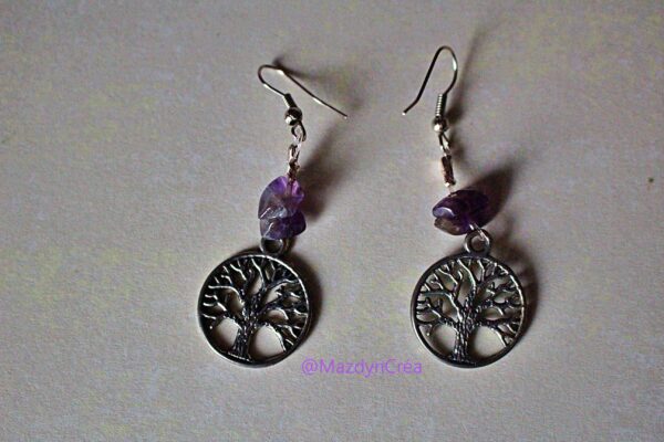 Boucles d'oreilles arbre de vie et améthyste